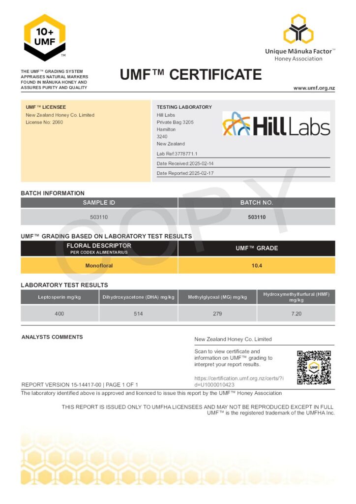 Manuka Honey UMF Certificate: Batch Number: 503110 UMF Grade: 10.4 MGO 279