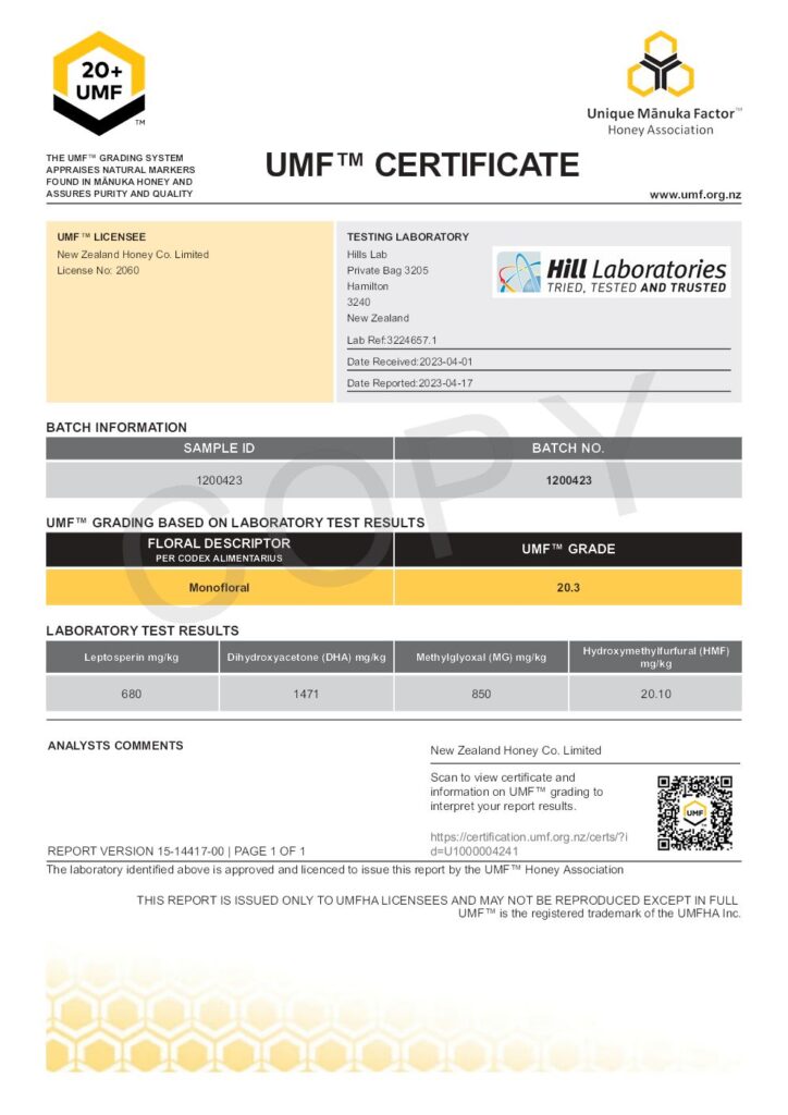 Manuka Honey UMF Certificate: Batch Number: 1200423 UMF Grade: 20.3 MGO 850