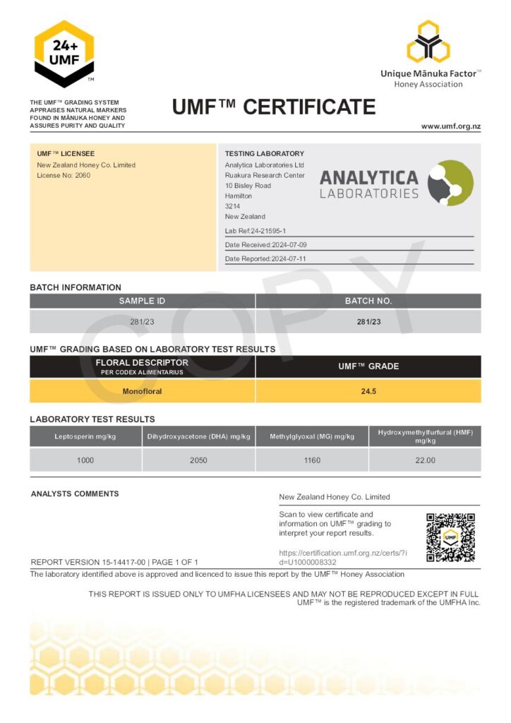 Manuka Honey UMF Certificate: Batch Number: 281/23 UMF Grade: 24.5 MGO 1160