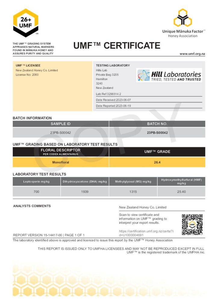 Manuka Honey UMF Certificate: Batch Number: 23PB-S00042 UMF Grade: 26.4 MGO 1315