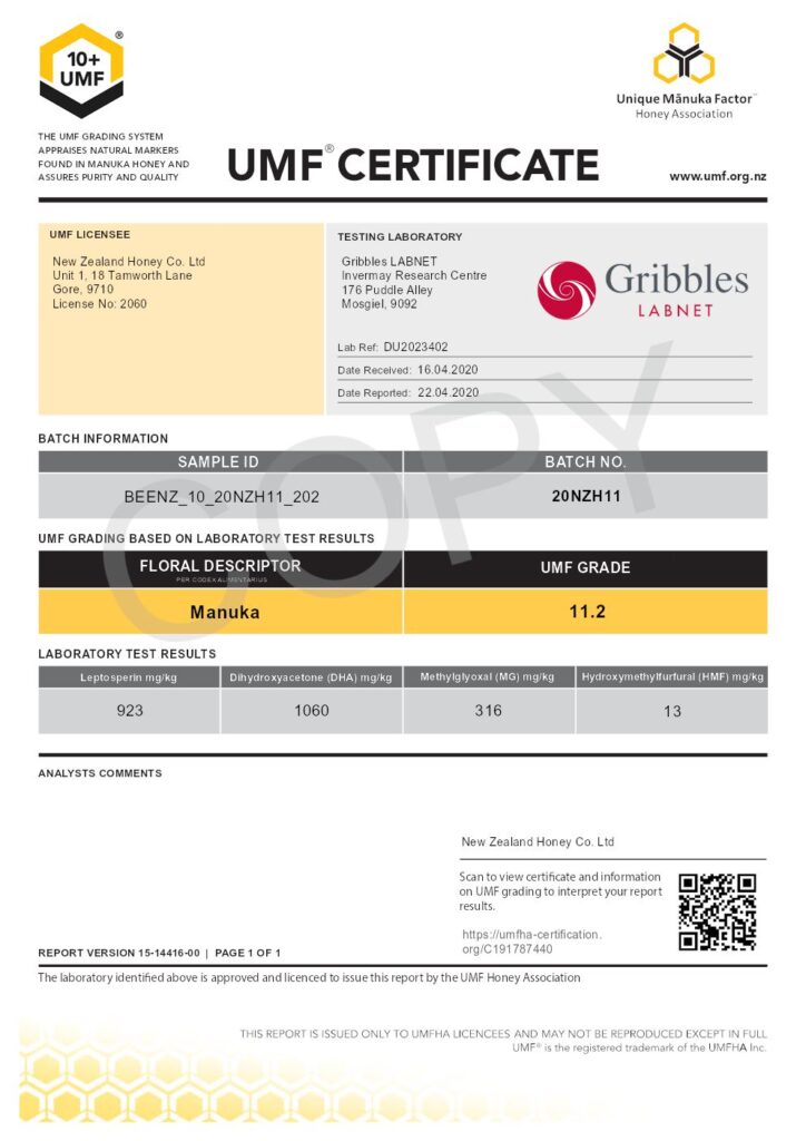 Manuka Honey UMF Certificate: Batch Number: 20NZH11 UMF Grade: 11.2 MGO 316
