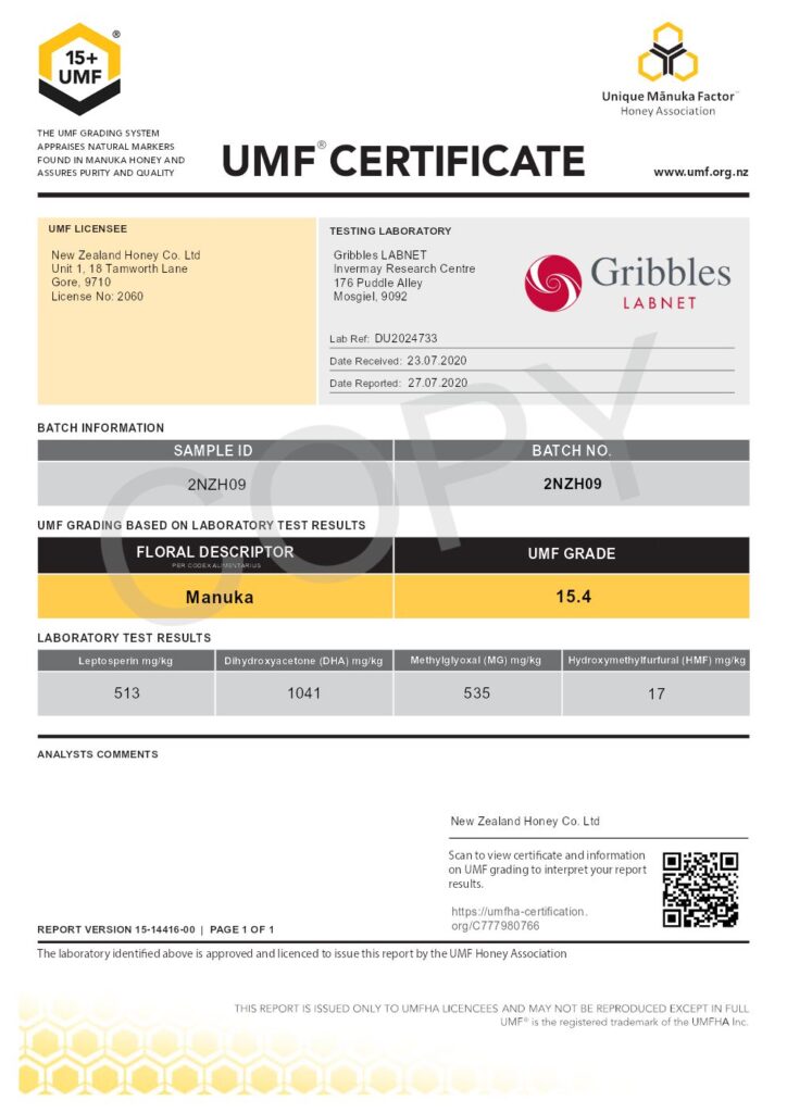 Manuka Honey UMF Certificate: Batch Number: 2NZH09 UMF Grade: 15.4 MGO 535
