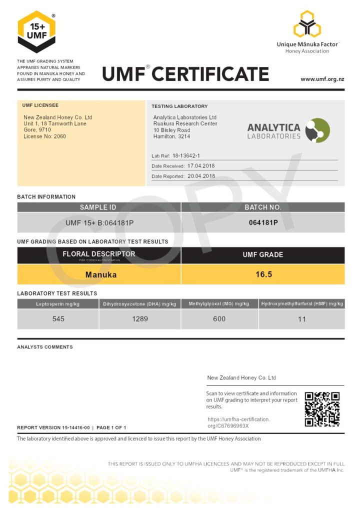 Manuka Honey UMF Certificate: Batch Number: 064181P UMF Grade: 16.5 MGO 600