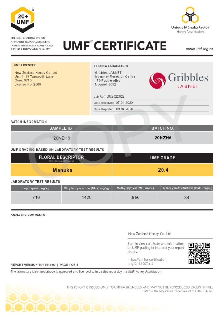 Manuka Honey UMF Certificate: Batch Number: 20NZH6 UMF Grade: 20.4 MGO 856