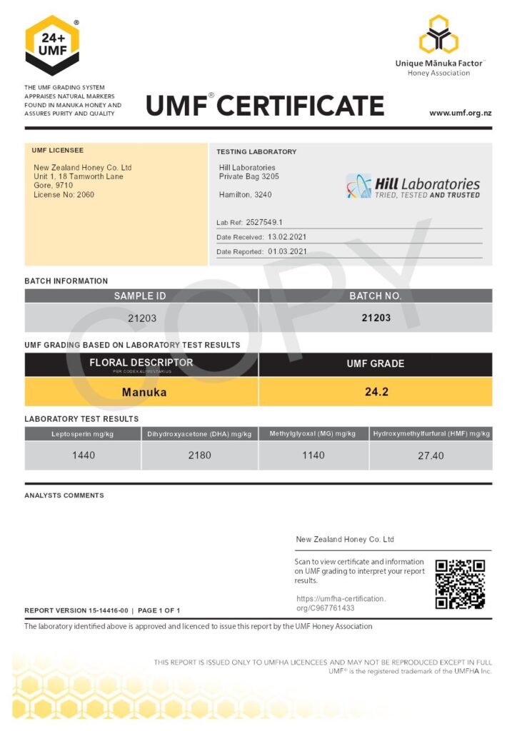 Manuka Honey UMF Certificate: Batch Number: 21203 UMF Grade: 24.2 MGO 1140
