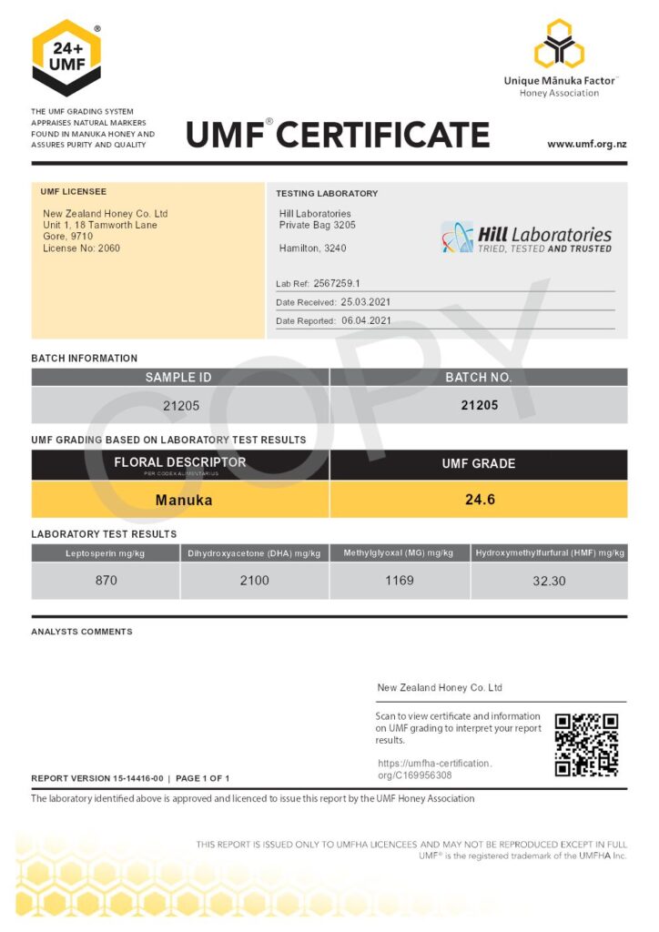Manuka Honey UMF Certificate: Batch Number: 21205 UMF Grade: 24.6 MGO 1169