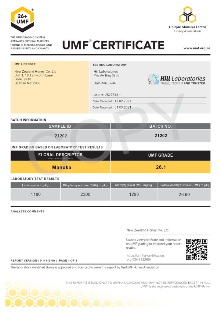 Manuka Honey UMF Certificate: Batch Number: 21202 UMF Grade: 26.1 MGO 1293