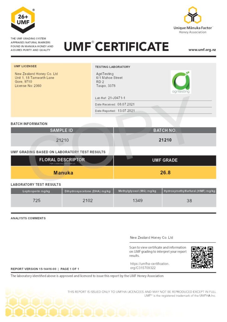 Manuka Honey UMF Certificate: Batch Number: 21210 UMF Grade: 26.8 MGO 1349