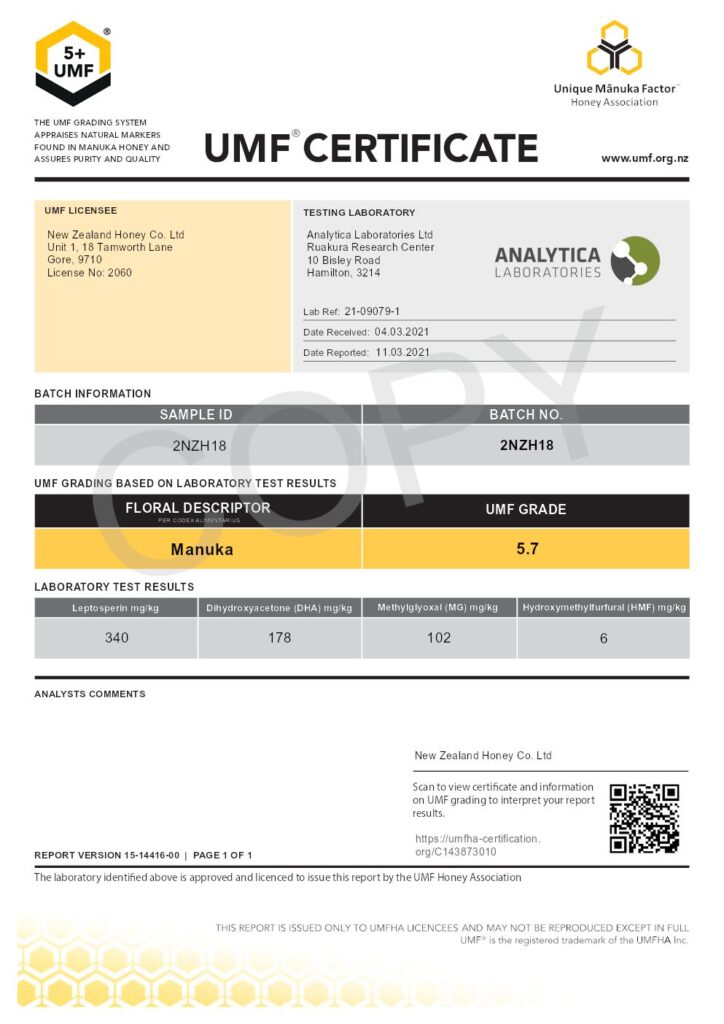 Manuka Honey UMF Certificate: Batch Number: 2NZH18 UMF Grade: 5.7 MGO 102